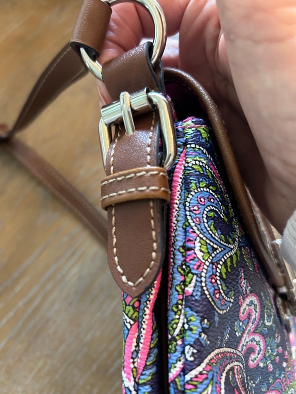 Chaps Brown Strap Paisley Crossbody with Pink, Blue & Green Accents - Picture 3 of 9